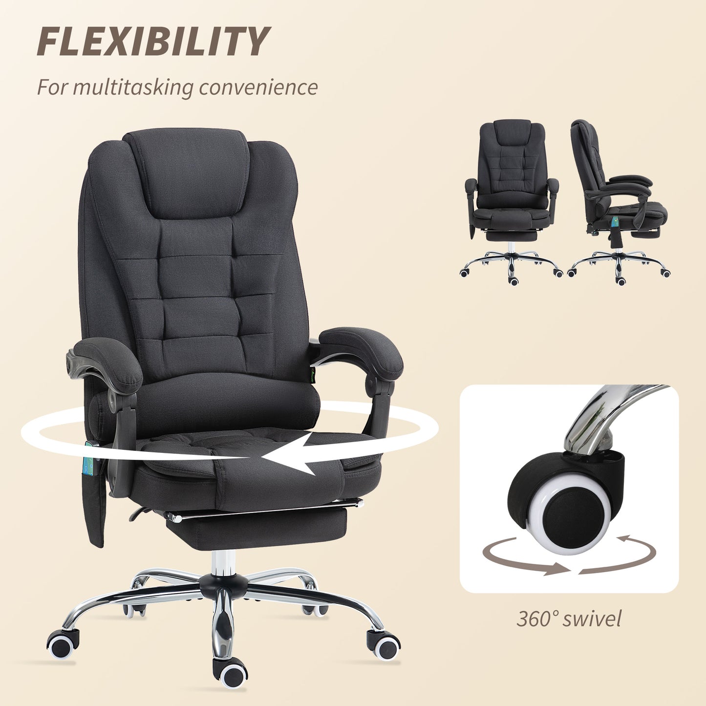 Six-Point Massage and Heated Office Chair with 135°Recline Back - Black