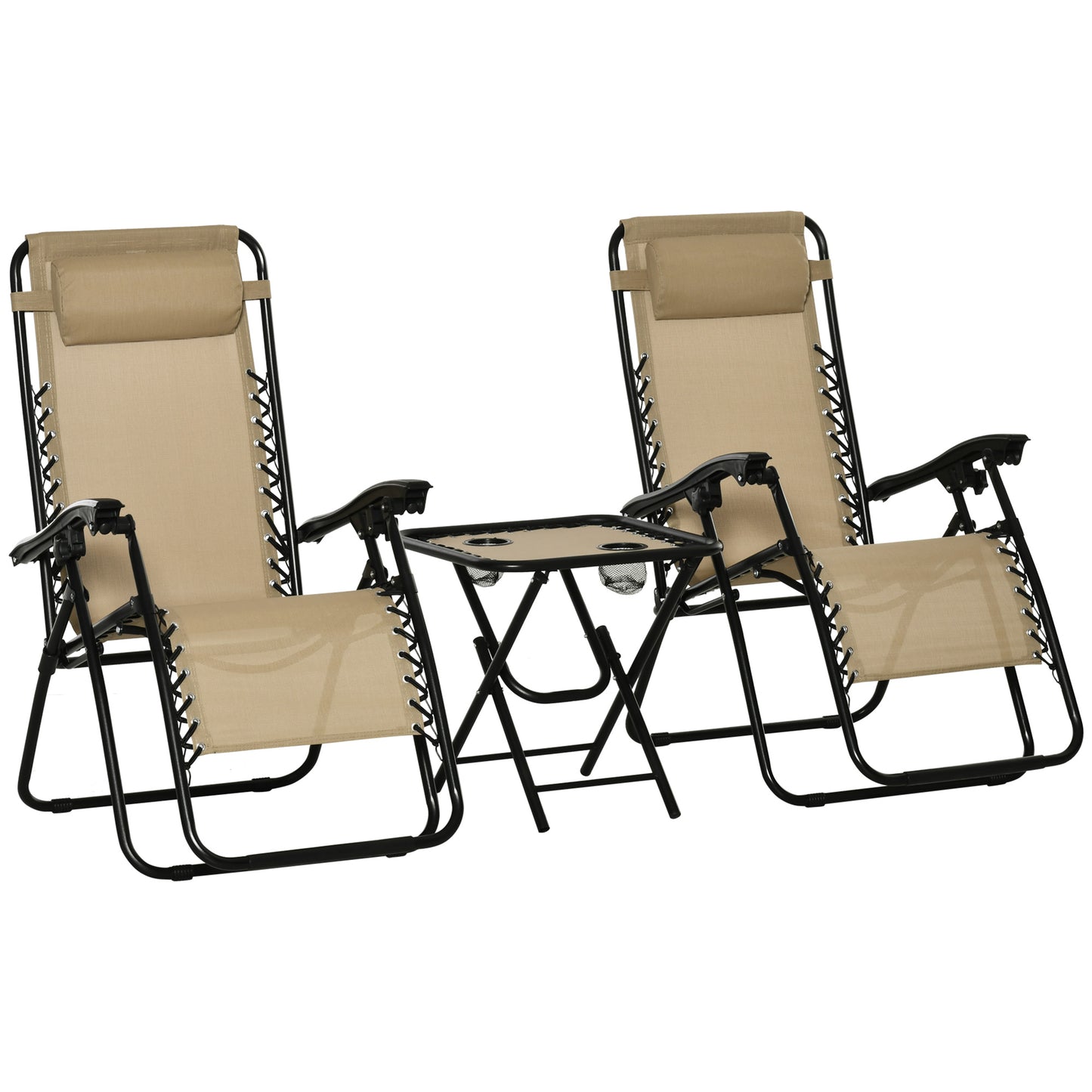 Folding Zero Gravity Chairs, 3 Pieces Adjustable Sun Lounger and Table Set with Cup Holder and Headrest