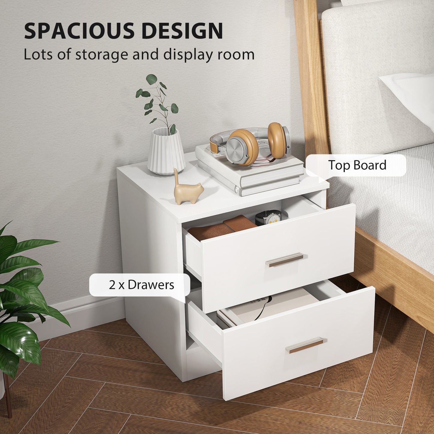 Modern Bedside Table, Beside Cabinet with 2 Drawers, for Bedroom, Living Room, White