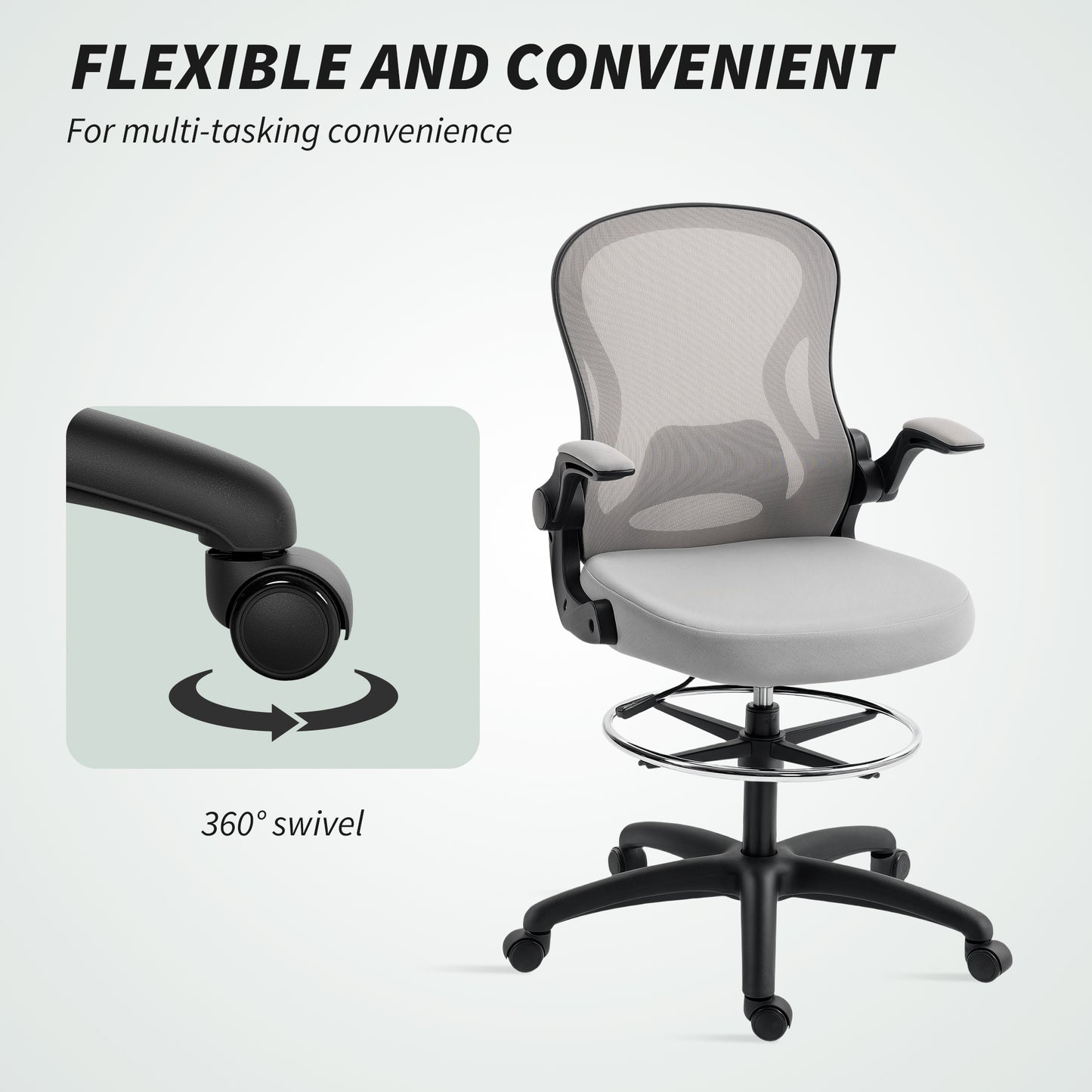 Adjustable Mesh Standing Desk Chair with Flip-up Armrests Lumbar Support Armrests Adjustable Footrest Ring Grey