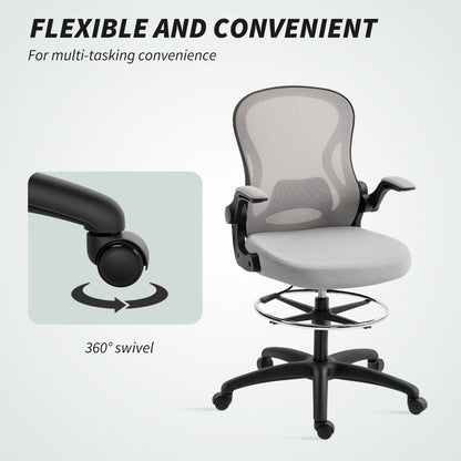Adjustable Mesh Standing Desk Chair with Flip-up Armrests Lumbar Support Armrests Adjustable Footrest Ring Grey
