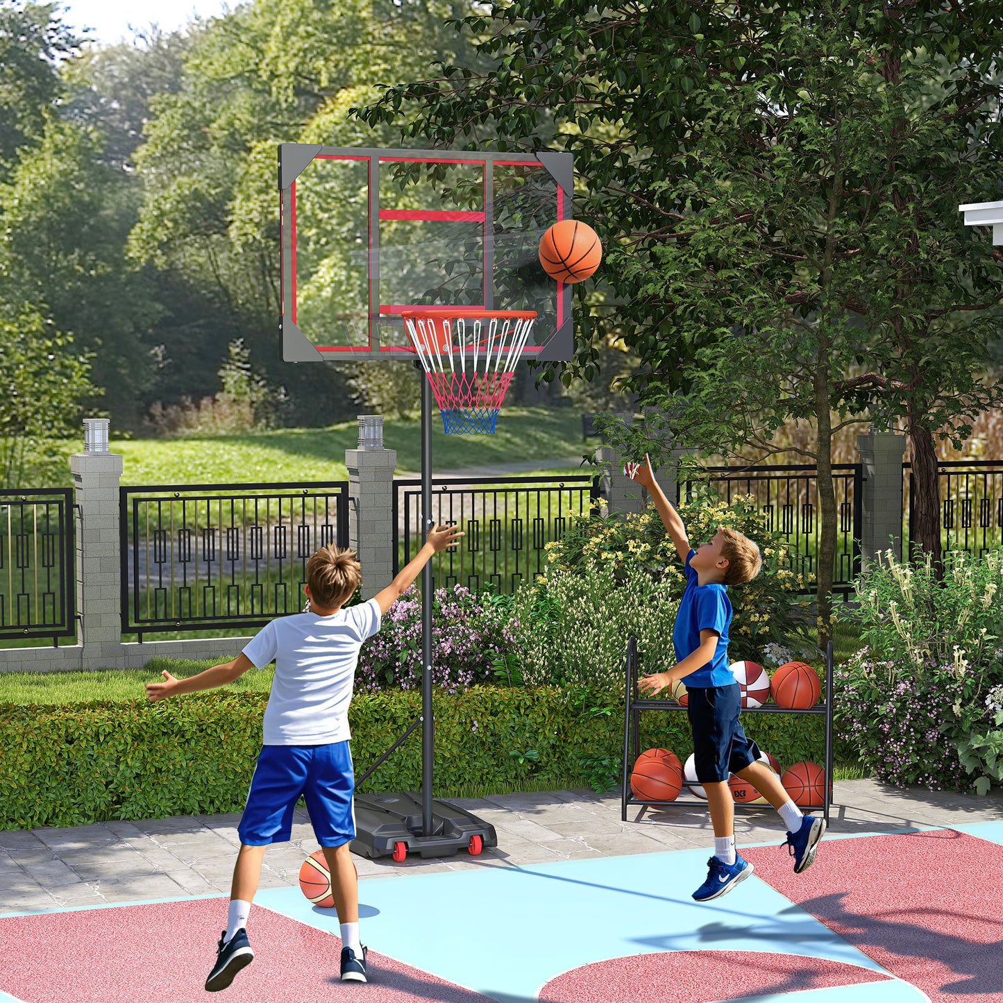 Basketball Hoop Outdoor Indoor, 210-260cm Height Adjustable Basketball Hoop with Wheels, Larger Base, for 6+ Years, Red