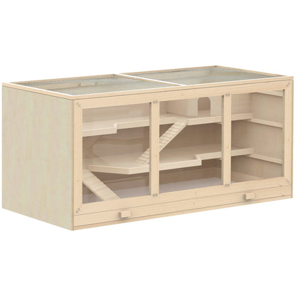 Wooden Hamster Cage, Small Animals Hutch with Tray, Openable Top, Exercise Play House Pen, 115L x 57W x 55Hcm, Natural