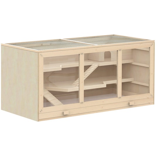 Wooden Hamster Cage, Small Animals Hutch with Tray, Openable Top, Exercise Play House Pen, 115L x 57W x 55Hcm, Natural