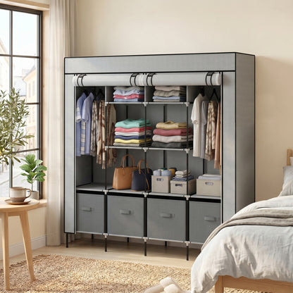 Fabric Wardrobe for Bedroom, Portable Cloth Wardrobe with 10 Compartments, 2 Hanging Rails and 4 Fabric Drawers