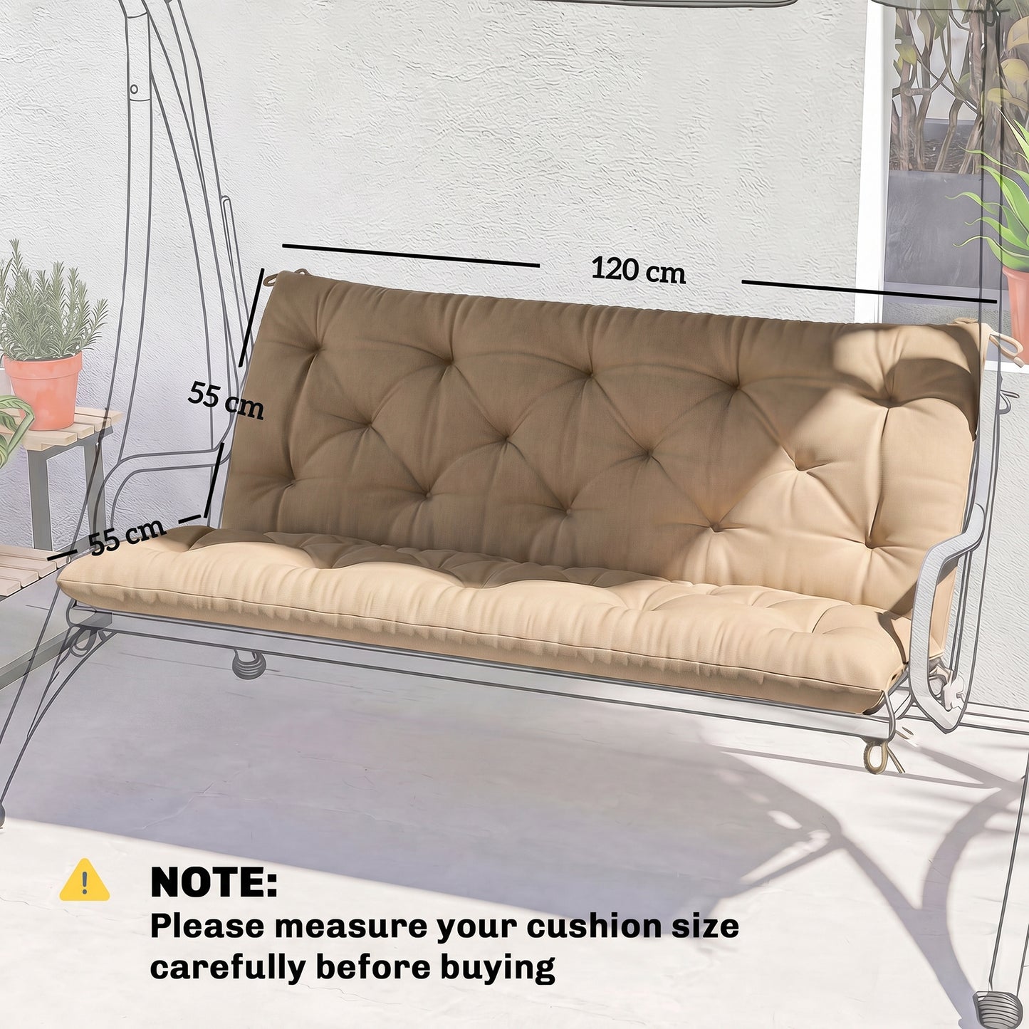 Garden Bench Cushion, 2 Seater Swing Chair Cushion, Seat Pad with Ties for Indoor and Outdoor Use, 110 x 120 cm