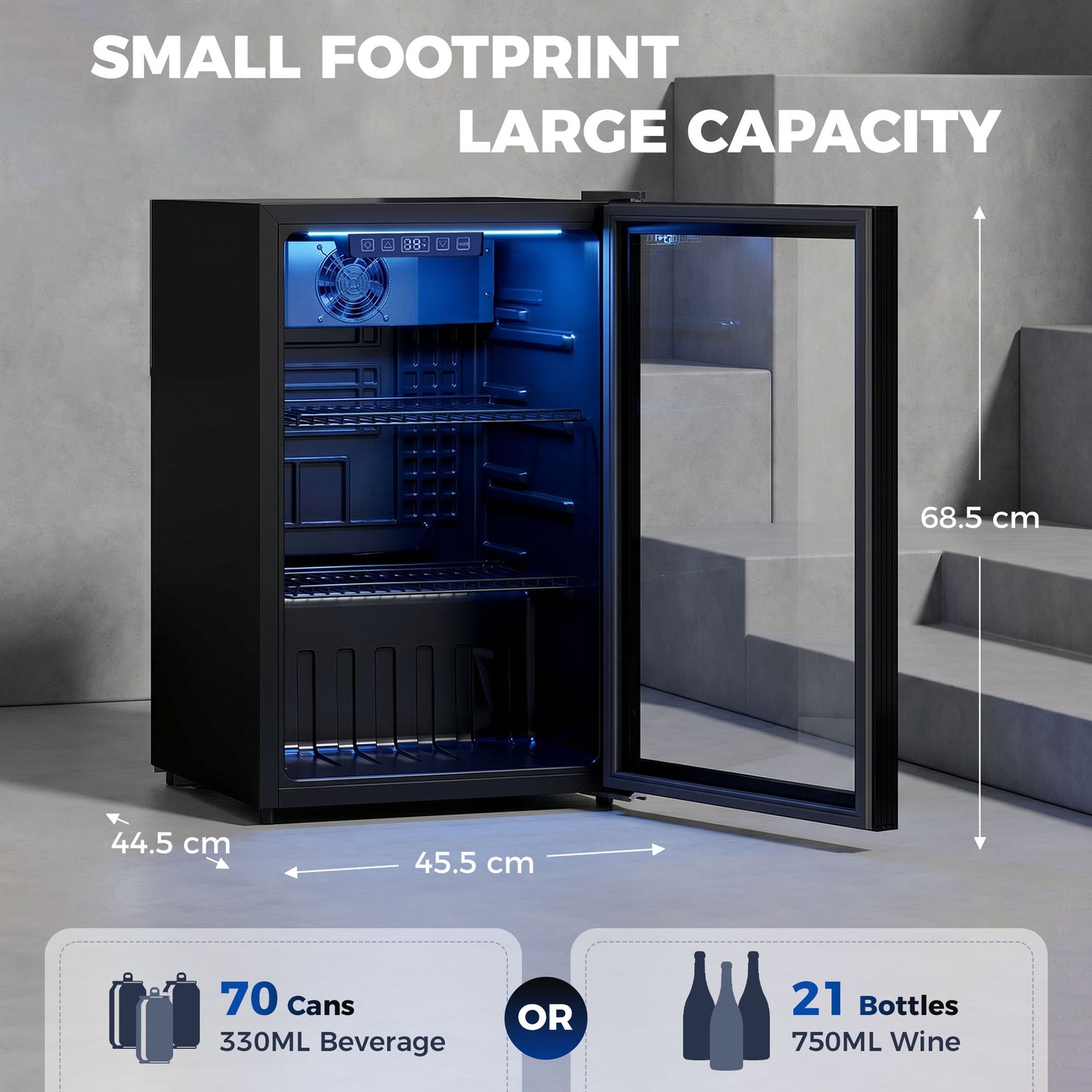 70L Drinks Fridge, 70 Can Under Counter Freestanding Beer Fridge with LED Light