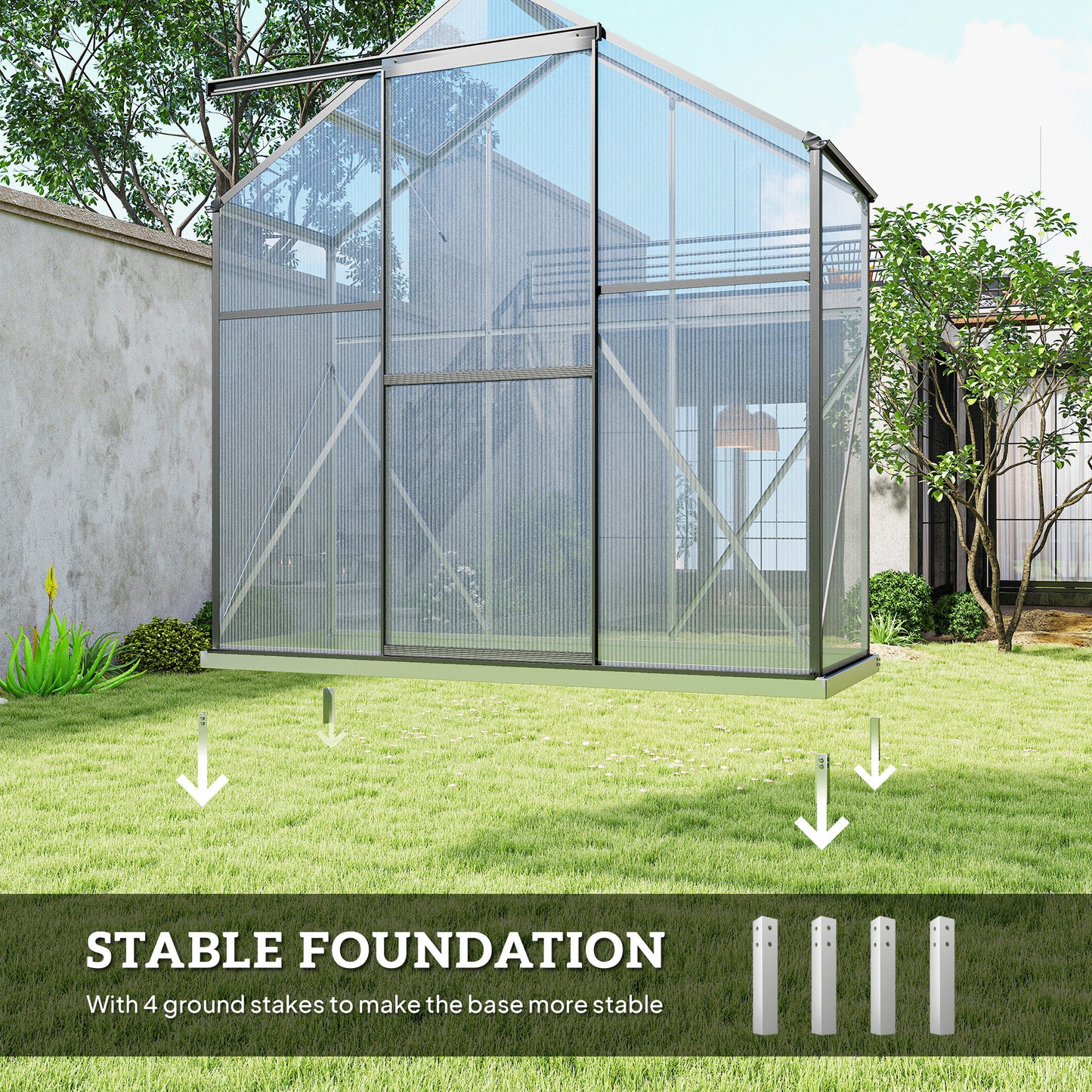 6 x 2.5ft Polycarbonate Greenhouse Walk-In Green House with Rain Gutter, Sliding Door, Window, Foundation, Dark Grey