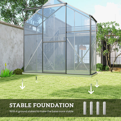 6 x 2.5ft Polycarbonate Greenhouse Walk-In Green House with Rain Gutter, Sliding Door, Window, Foundation, Dark Grey