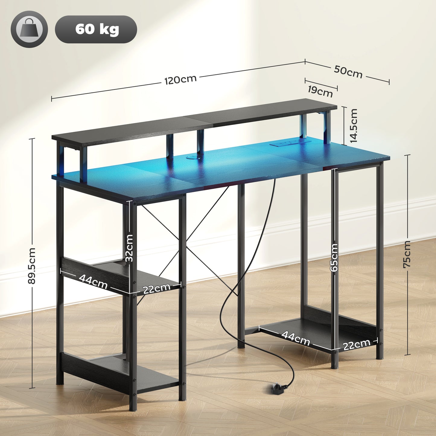 LED Computer Desk, with Power Outlets and Shelves - Black