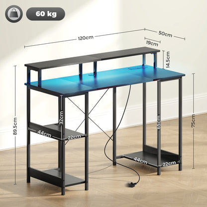 LED Computer Desk, with Power Outlets and Shelves - Black