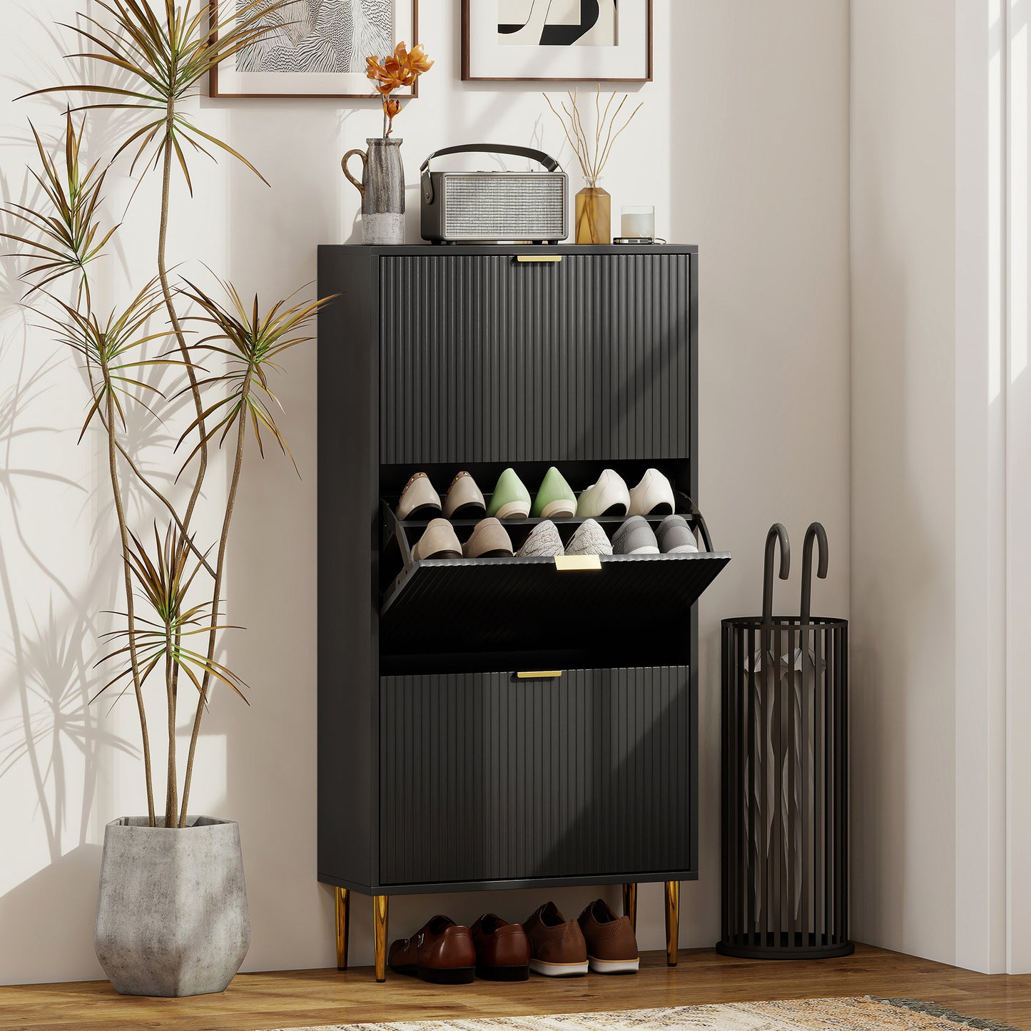 Elegant Three-Drawer Shoe Cabinet - Black