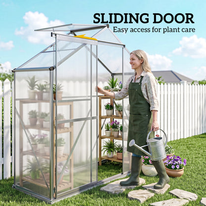 6 x 2.5ft Polycarbonate Greenhouse Walk-In Green House with Rain Gutter, Sliding Door, Window, Foundation, Dark Grey