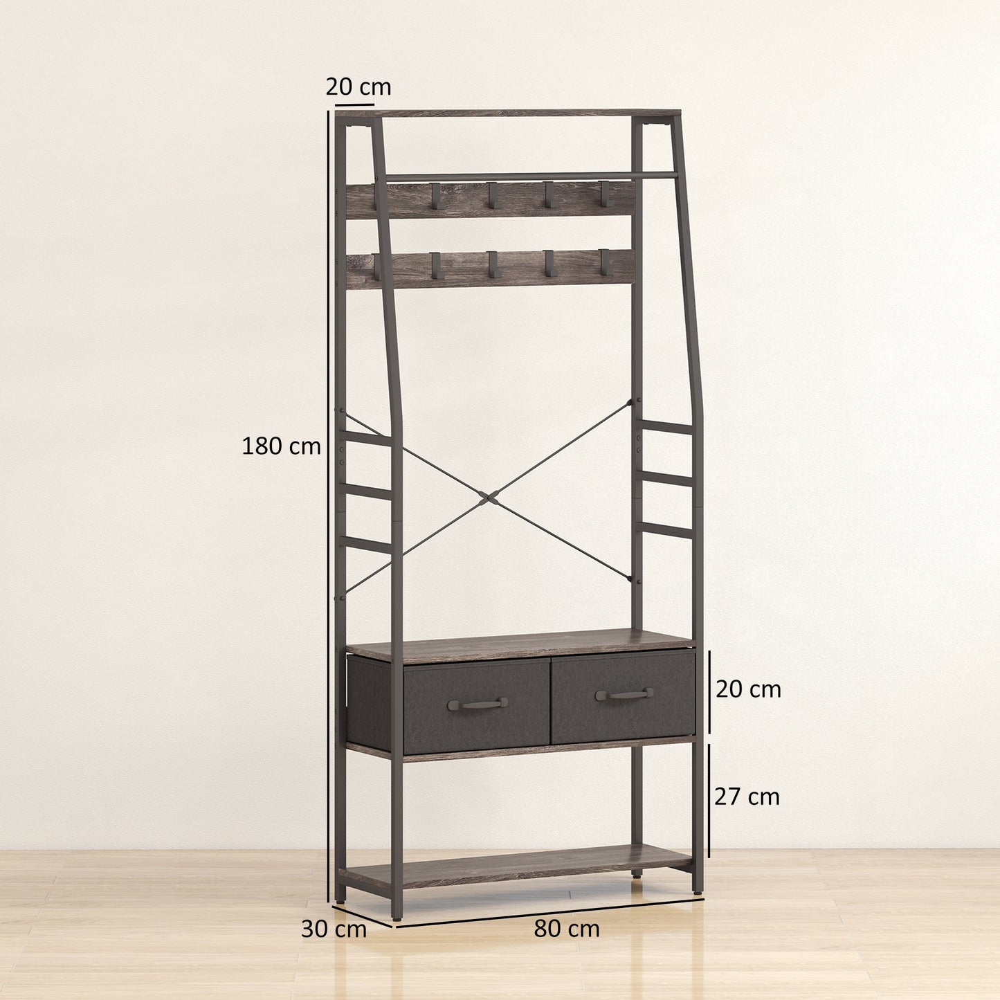 Coat Rack with Shoe Storage, Hall Tree, Industrial Coat Stand with Shoe Bench, 10 Removable Hooks