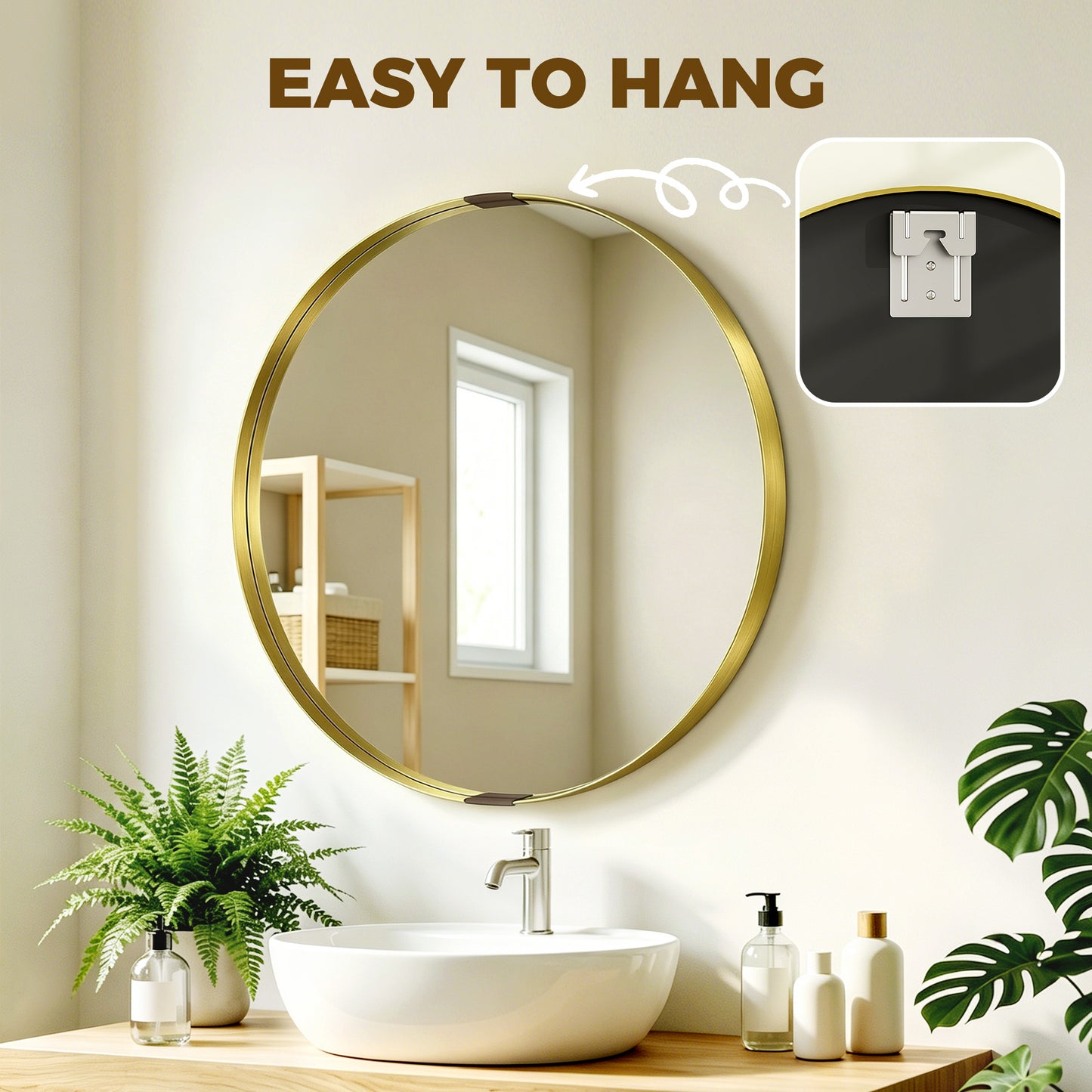 Round Wall Mirror 61 cm, Wall Mounted Bathroom Mirror with Tempered Safety Glass and Aluminium Alloy Frame, Gold Tone