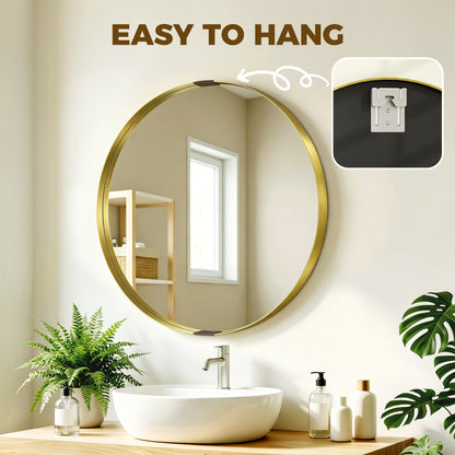 Round Wall Mirror 61 cm, Wall Mounted Bathroom Mirror with Tempered Safety Glass and Aluminium Alloy Frame, Gold Tone