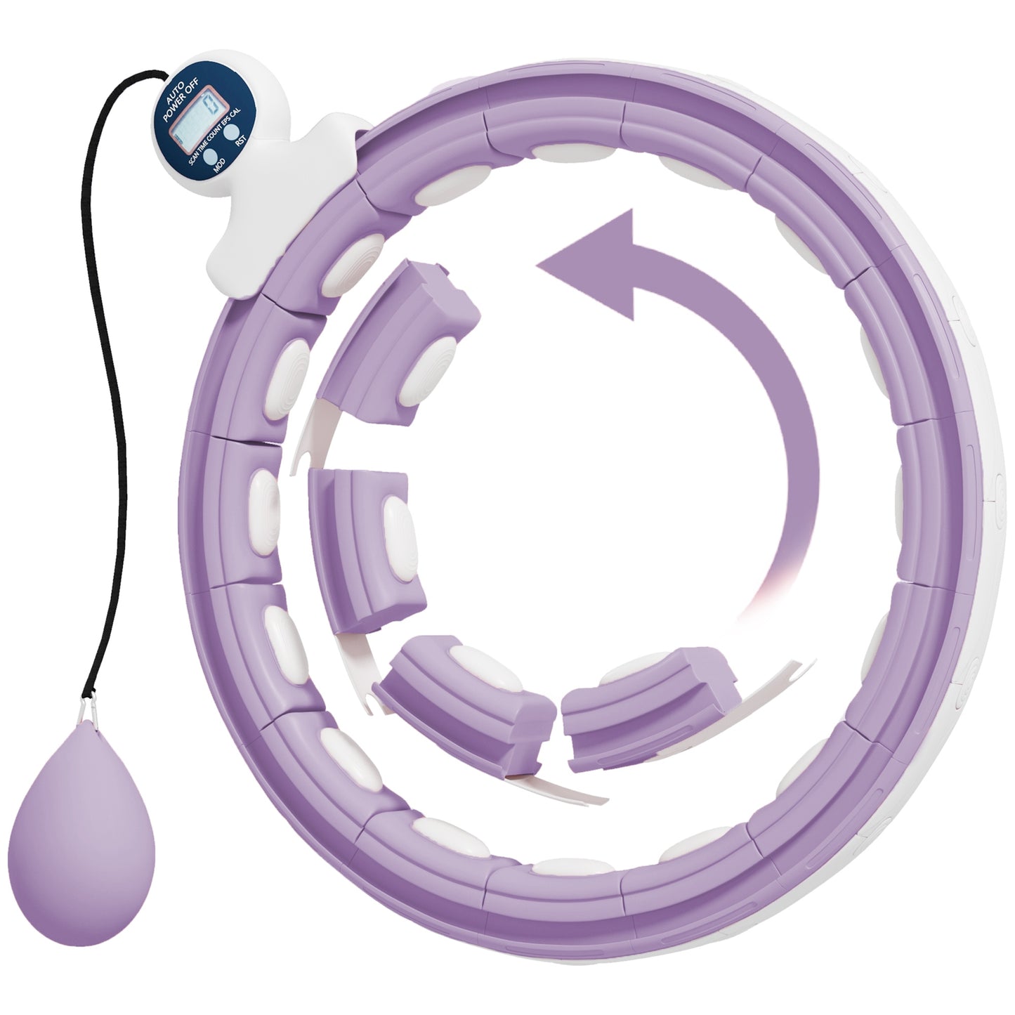 Smart Weighted Hula Hoop, Massage Hula Ring w/ 16 Detachable Knots, 360° Auto-Rotating Ball, Digital Counter, Purple