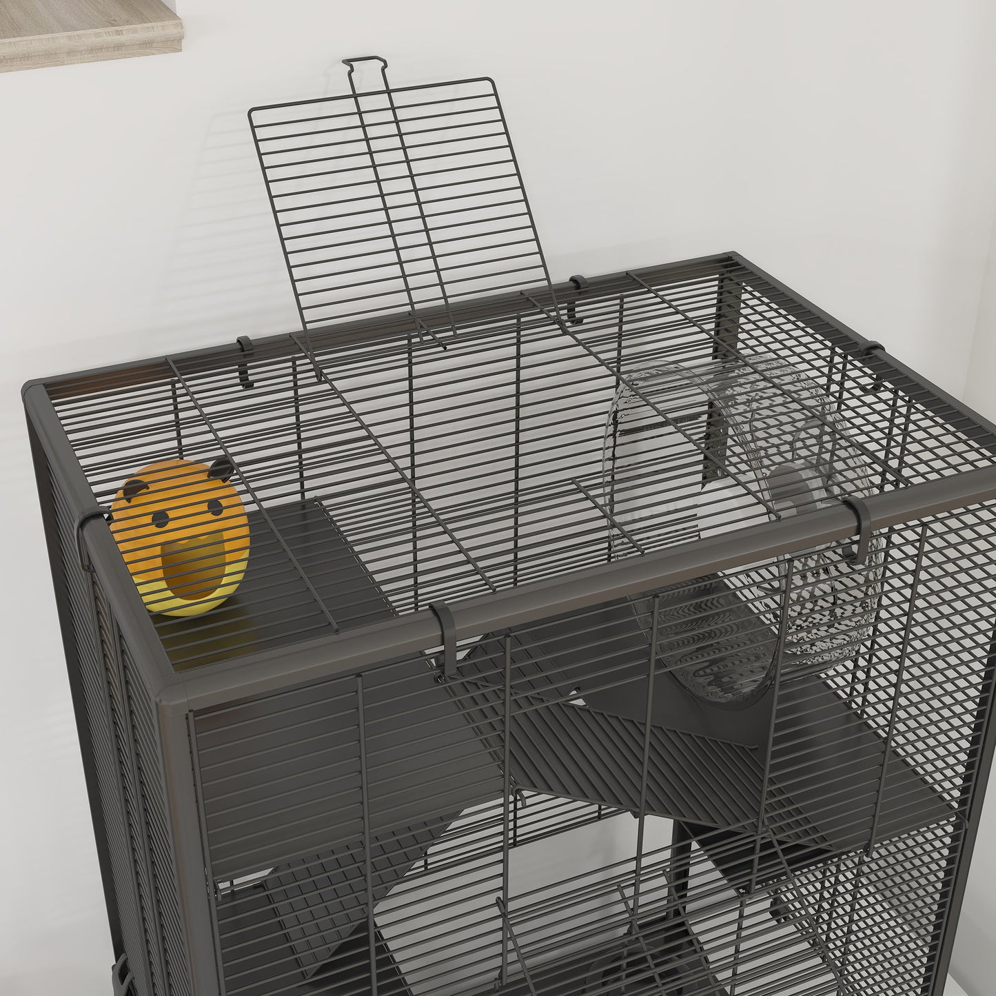 Four-Tier Hamster Cage with Deep Tempered Glass Bottom, Hut, Running Wheel, Food Dish, Water Bottle, 60 x 40 x 80cm
