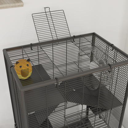Four-Tier Hamster Cage with Deep Tempered Glass Bottom, Hut, Running Wheel, Food Dish, Water Bottle, 60 x 40 x 80cm