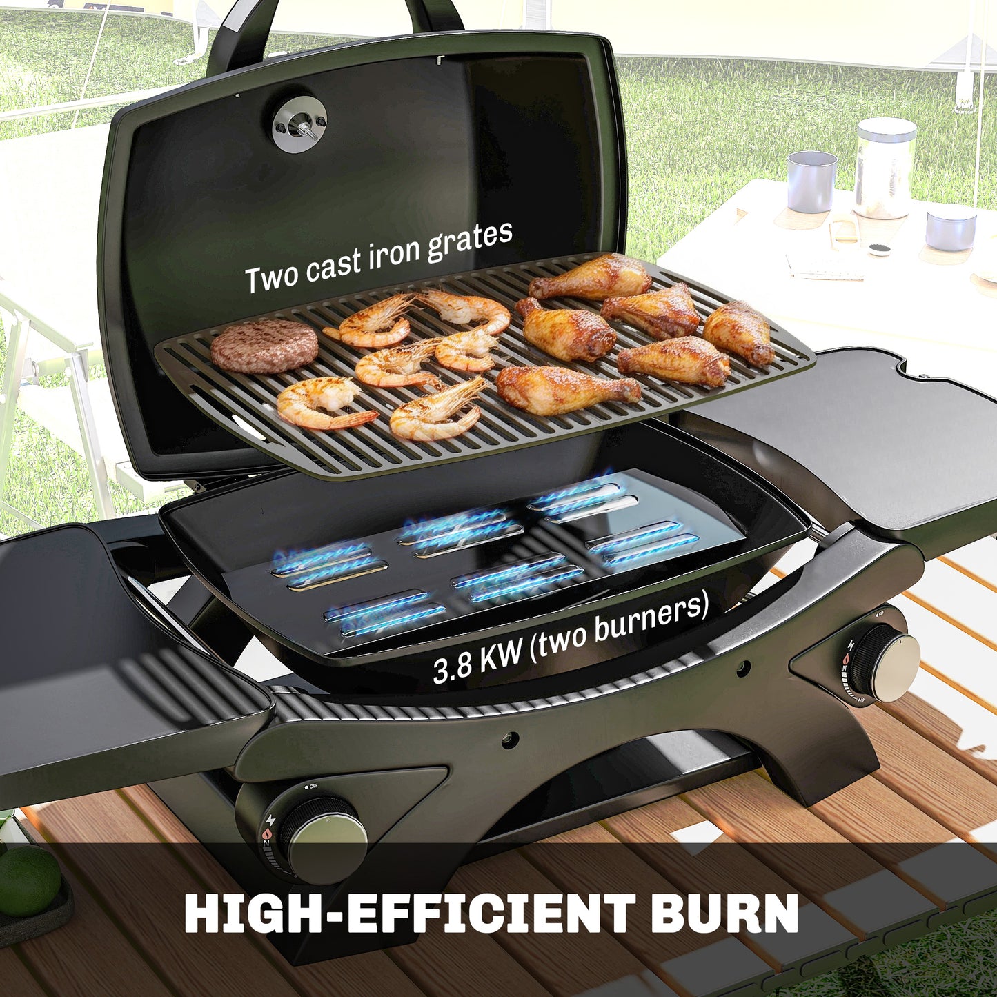 2 Burner Gas Grill with 2 Detachable Side Tables, 3.8 KW Steel Barbecue Grill with Cast Iron Grates, Lid, Thermometer