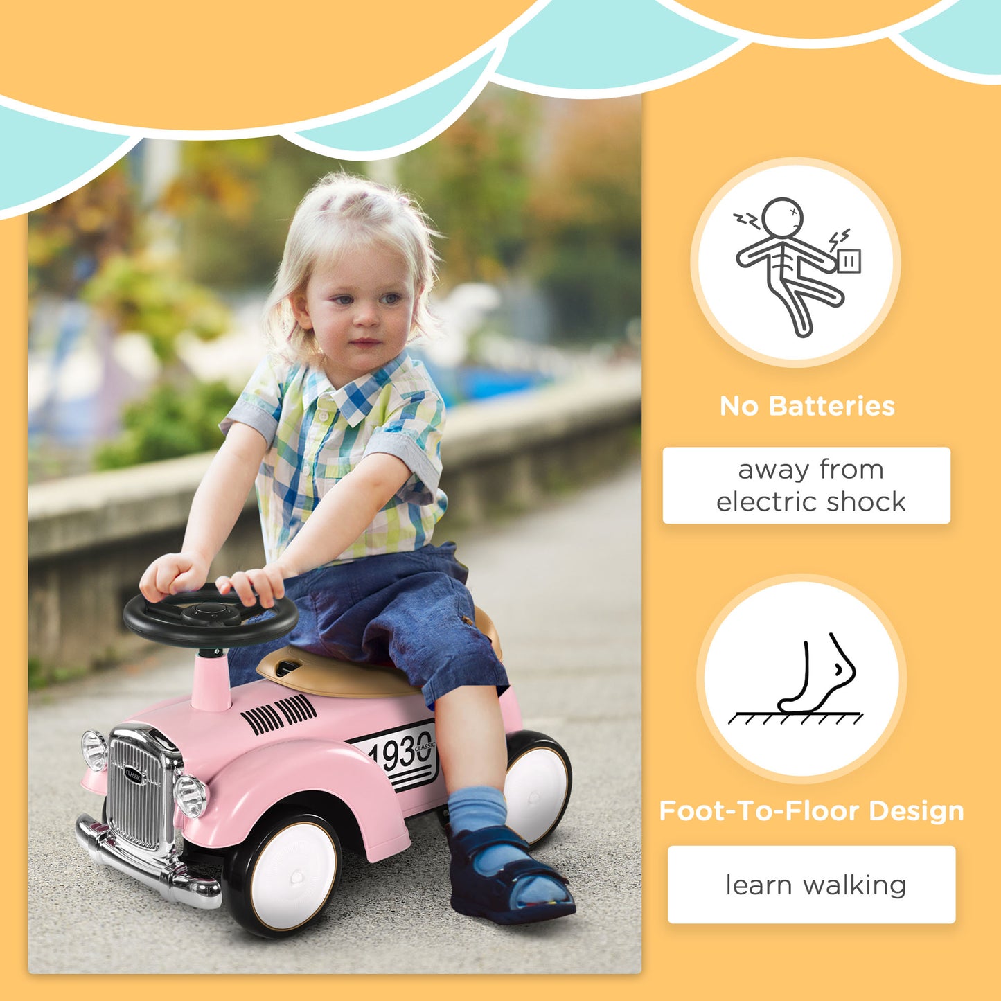 Foot to Floor Slider for Toddlers with Under-Seat Storage, Ride on Sliding Car with Horn, for Ages 12-36 Months - Pink