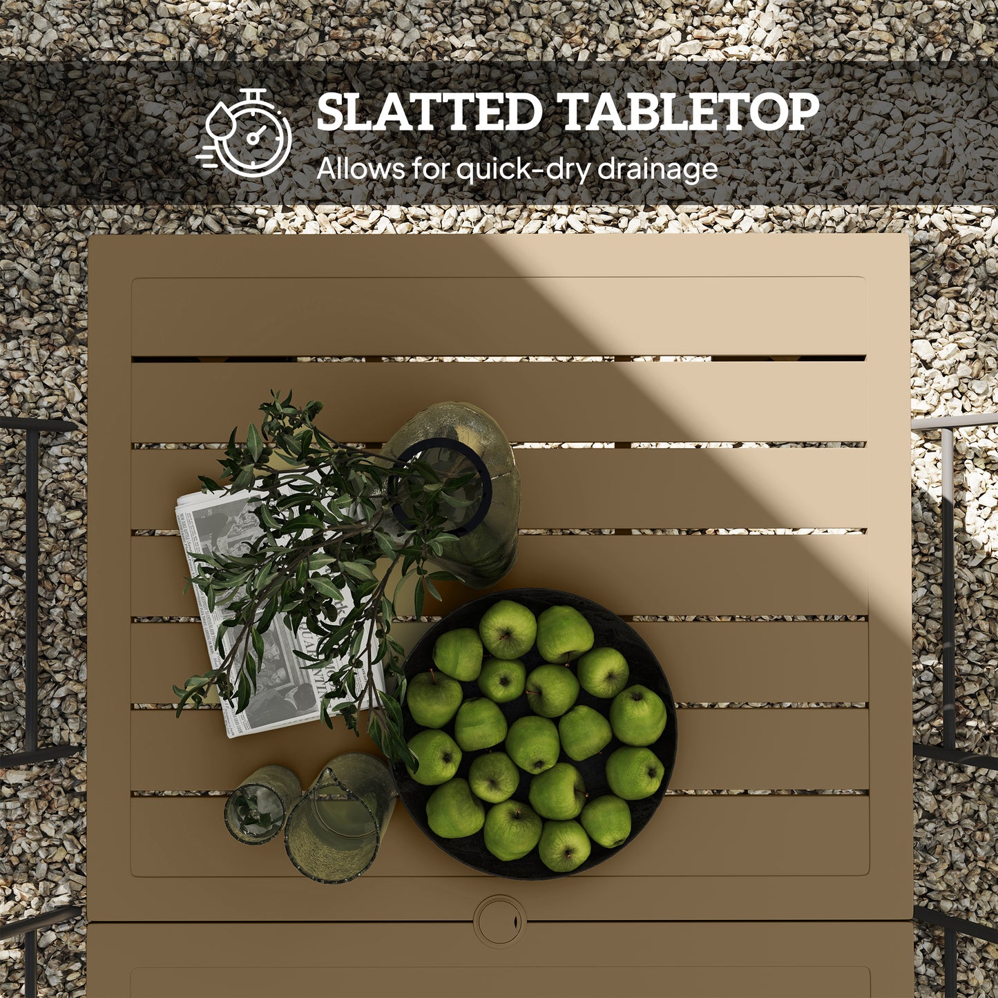 Garden Dining Table for 6 with Parasol Hole, Rectangle Outdoor Garden Table with Slatted Metal Top, Steel Frame, Brown