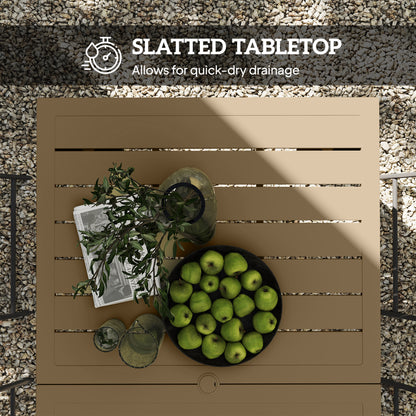 Garden Dining Table for 6 with Parasol Hole, Rectangle Outdoor Garden Table with Slatted Metal Top, Steel Frame, Brown
