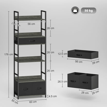 Industrial Style Bookcase, with 4 Shelves and 3 Fabric Drawers - Grey/Black