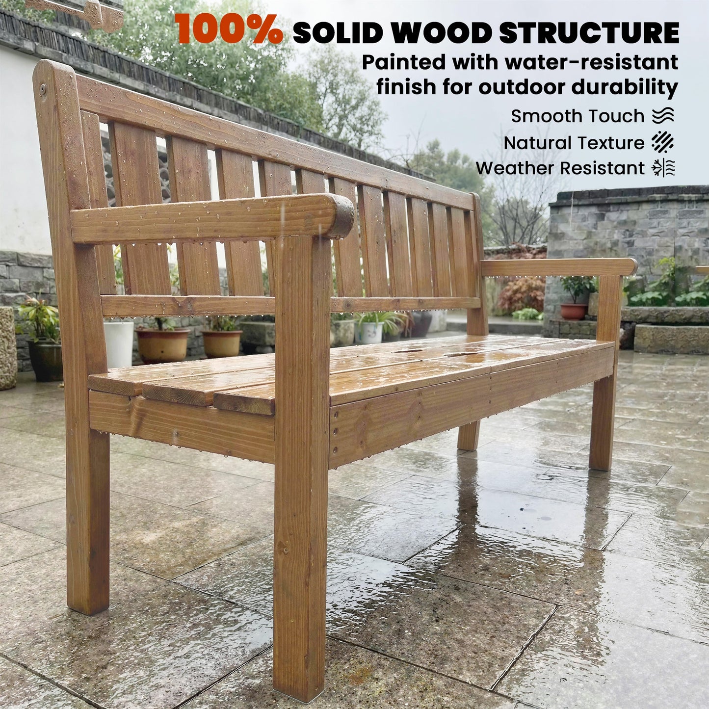 Wooden Garden Bench with Liftable Table & Shelf, 2-3-Seater Outdoor Loveseat with Fir Wood Frame, Teak