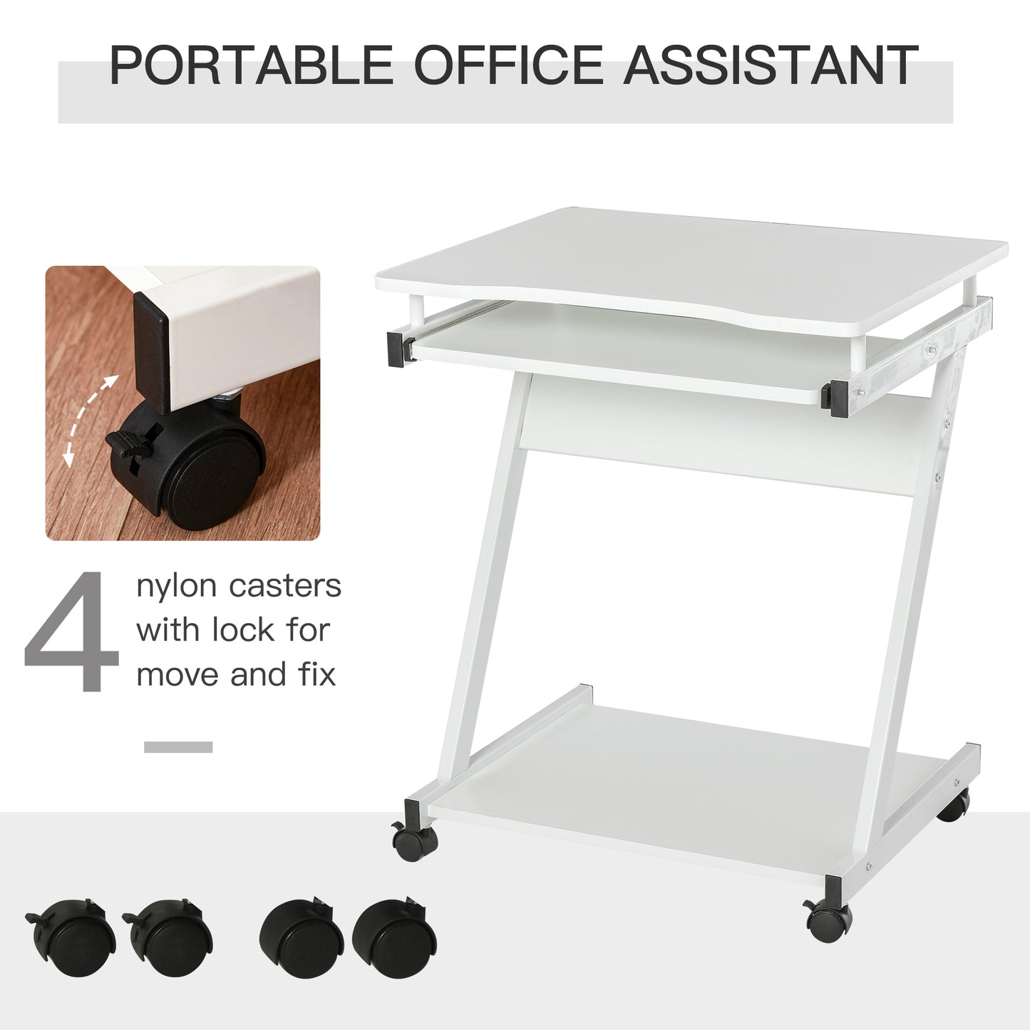 Movable Computer Desk with 4 Moving Wheels and Keyboard Tray White