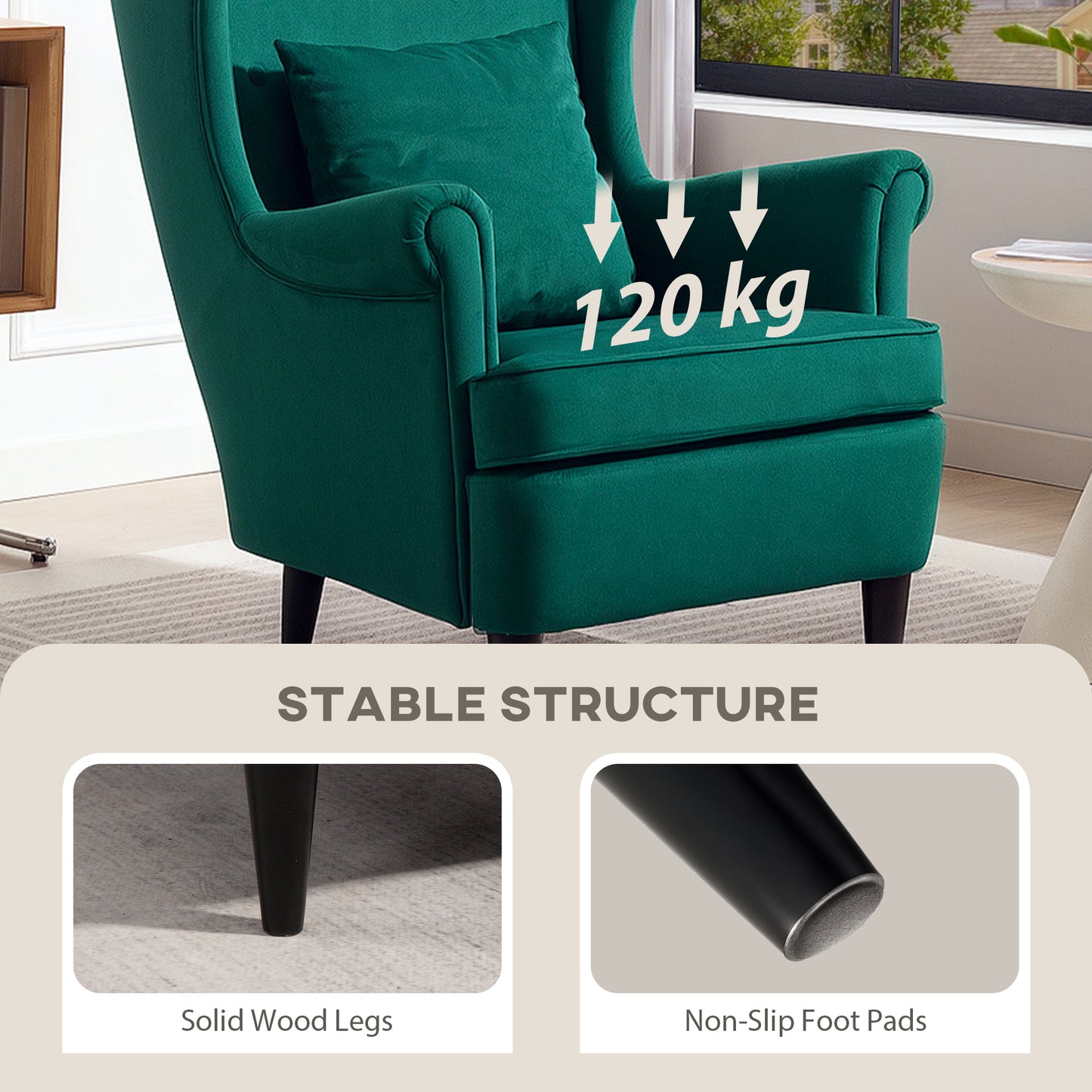 Modern Accent Chair with High Backrest and Pillow, Velvet-Feel Fabric Reading Chair with Solid Wood Legs, Green