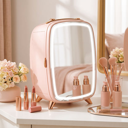 Skincare Refrigerator, 6L Mini Cosmetic Fridge with LED Mirror, Cooling Function for Bedroom, Skincare, Office, Pink