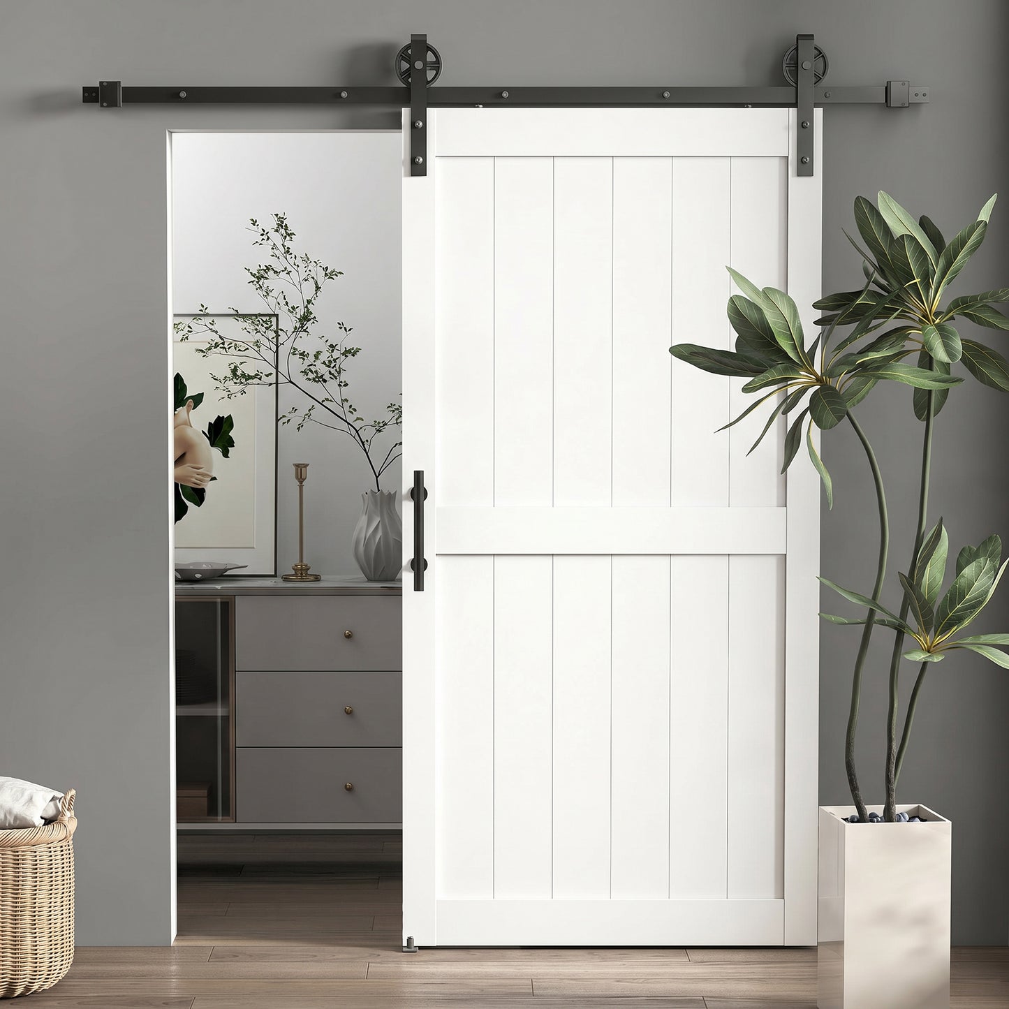 213.4cm Sliding Barn Door Kit, Sliding Door with Track, Hardware, Upgraded Rollers and Floor Guide, Handle, White