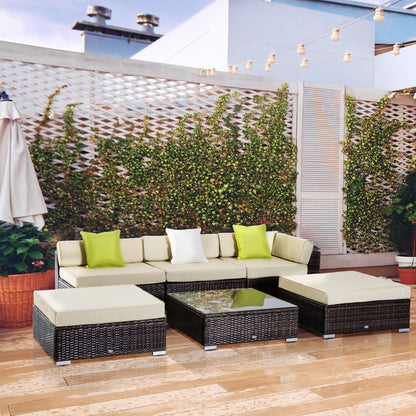 6 PC Rattan Sofa Coffee Table Set, Sectional Wicker Weave Furniture for Garden Outdoor Conservatory with Pillow Cushion