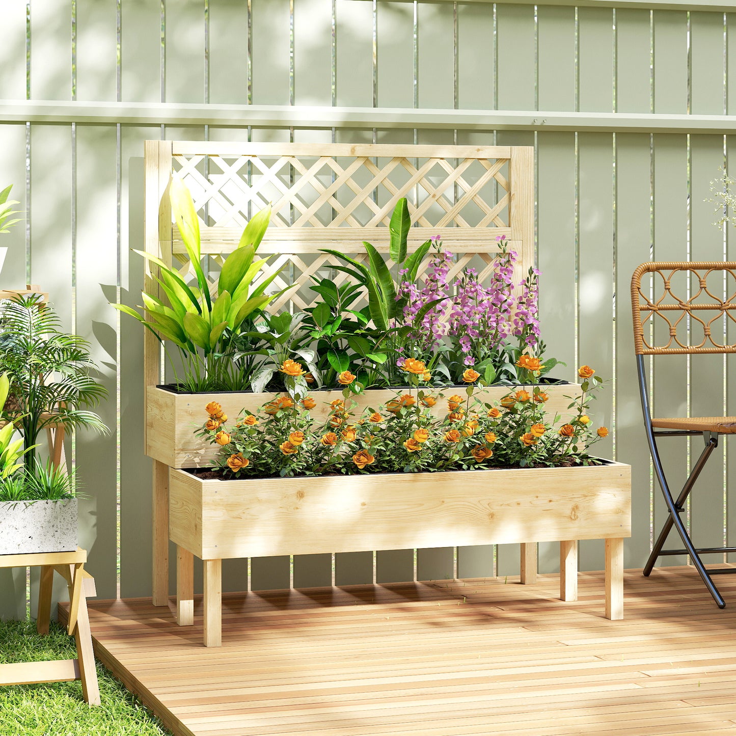 Raised Garden Bed 2-Tier Stepped Design Planter Box with Trellis for Climbing Plants 108x62x120 cm