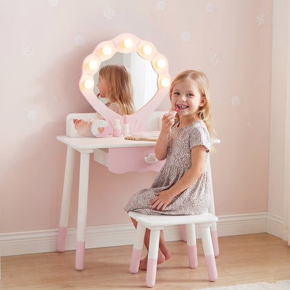 Kids Vanity Set, Kids Dressing Table with Chair, Acrylic Mirror, Lighted Bulbs, 7-Piece Accessories, for 3-8 Years, Pink