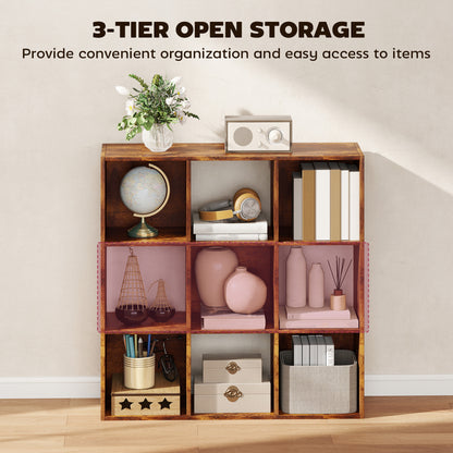 3-tier 9 Cubes Storage Unit Particle Board Cupboard Bookcase Organiser Home Office Shelves, Rustic Brown
