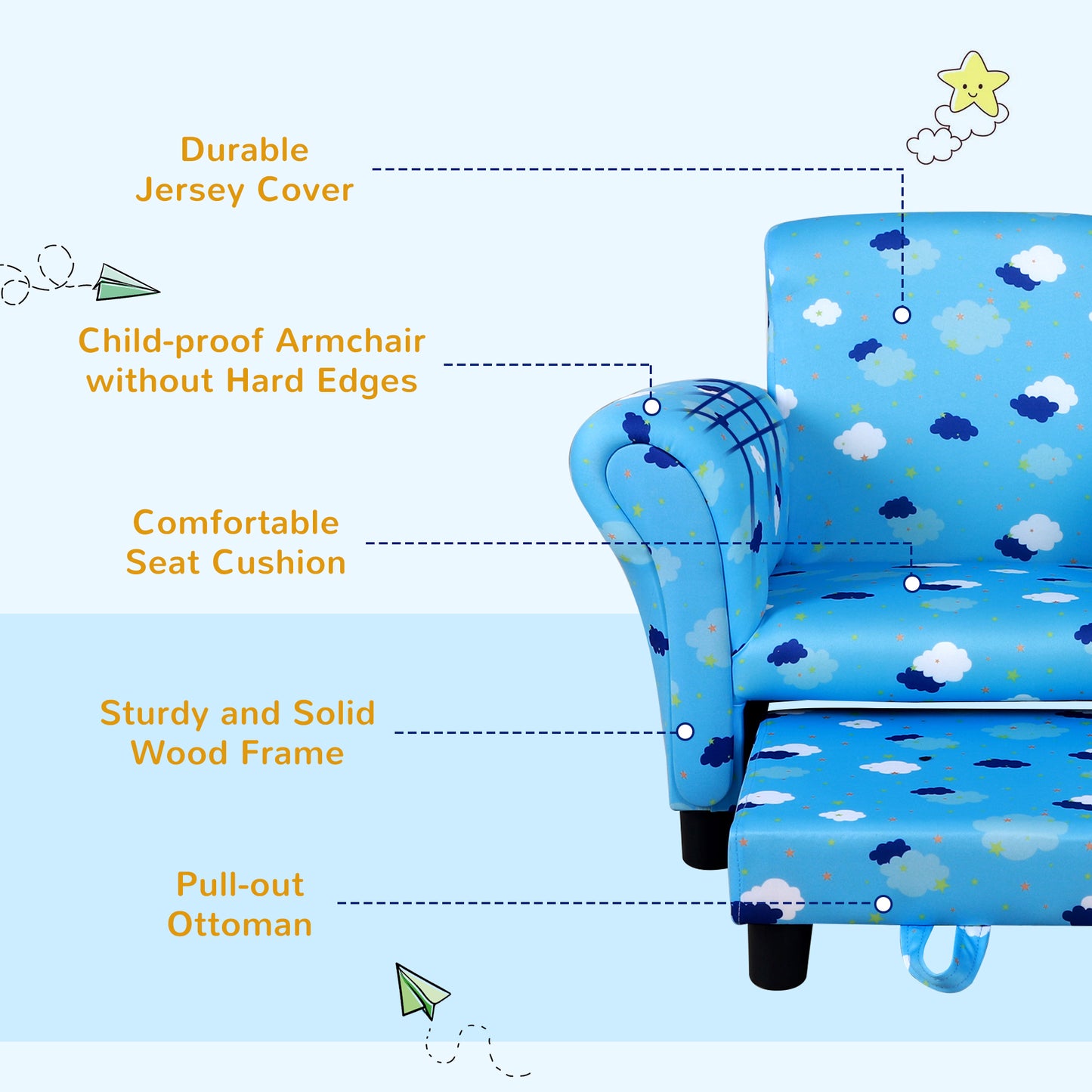 Toddler Chair Children's Armchairs Wood Frame w/ Footrest Anti-Slip Legs High Back Arms for Bedroom Playroom Cute Cloud Star