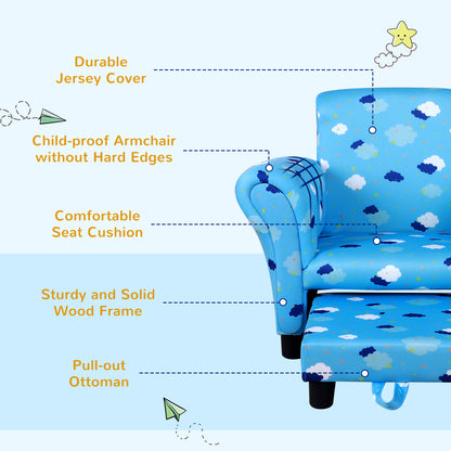 Toddler Chair Children's Armchairs Wood Frame w/ Footrest Anti-Slip Legs High Back Arms for Bedroom Playroom Cute Cloud Star