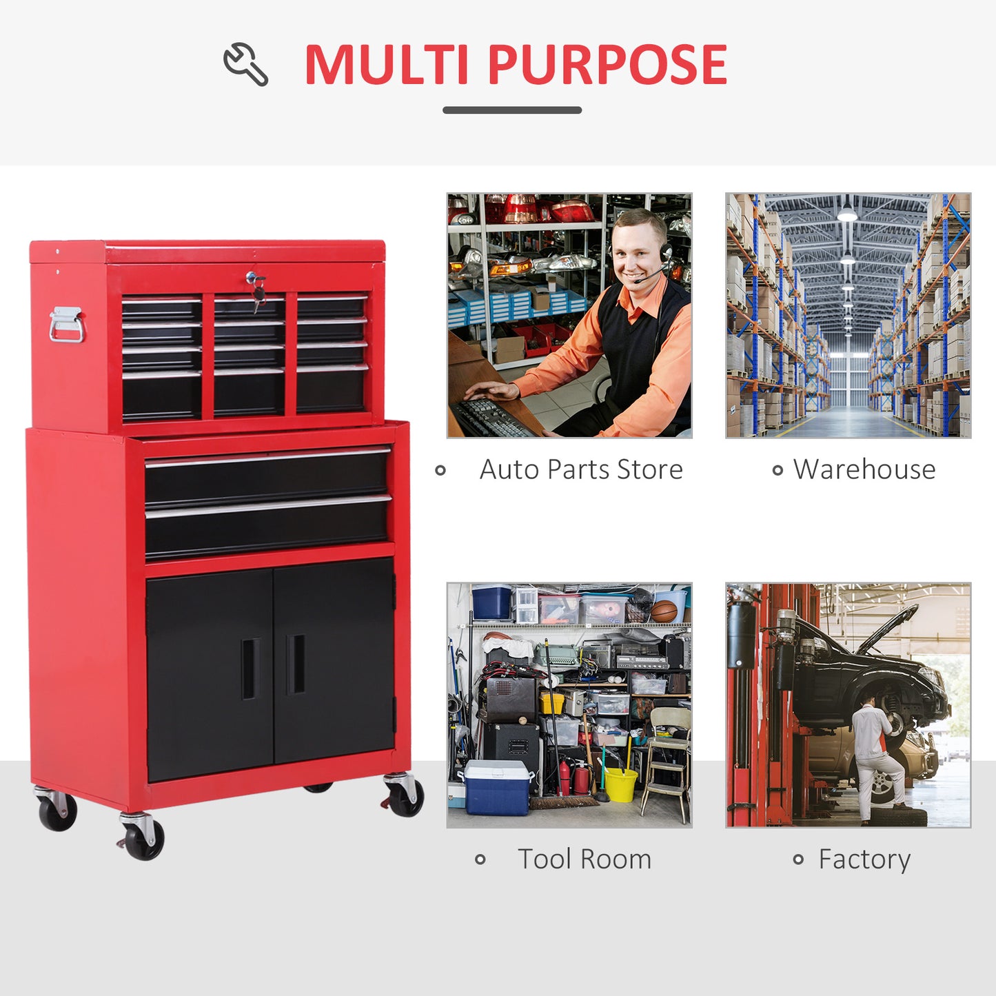 Tool Chest, Metal Tool Cabinet on Wheels with 6 Drawers, Pegboard, Top Chest and Roller Cabinet Combo, 61.6 x 33 x 108cm