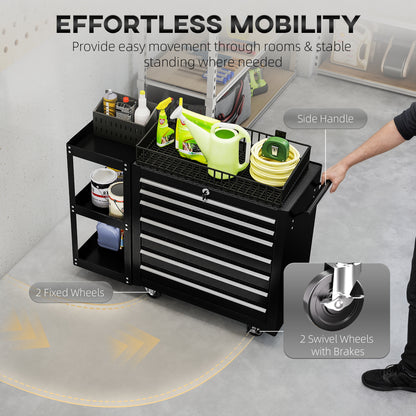 Lockable Steel Tool Chest on Wheels, 7 Drawer Tool Box with Handle for Workshop, Garage, Black