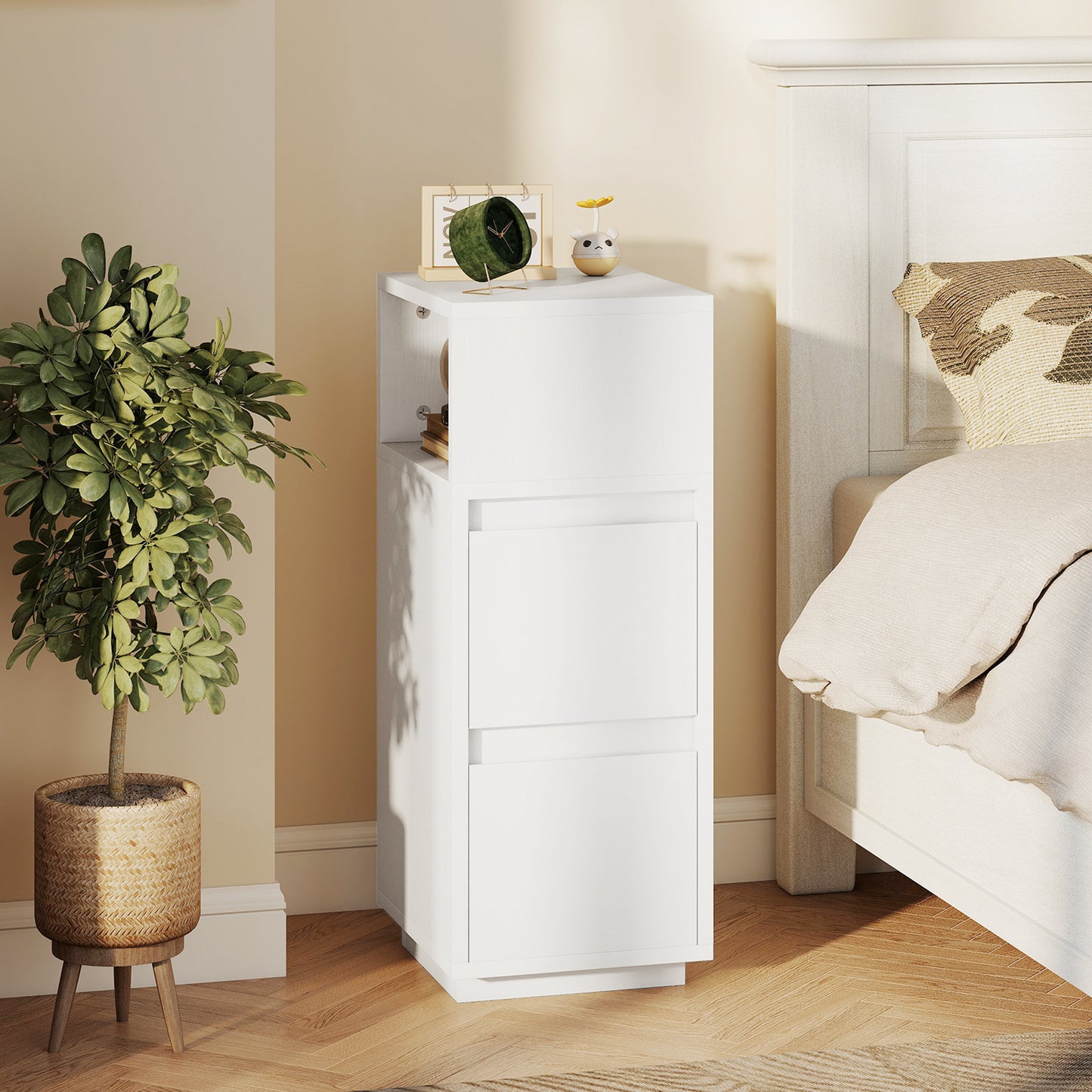 Slim Bedside Table, Narrow Bedside Cabinet with Open Shelf and 2 Drawers for Bedroom, Living Room, White