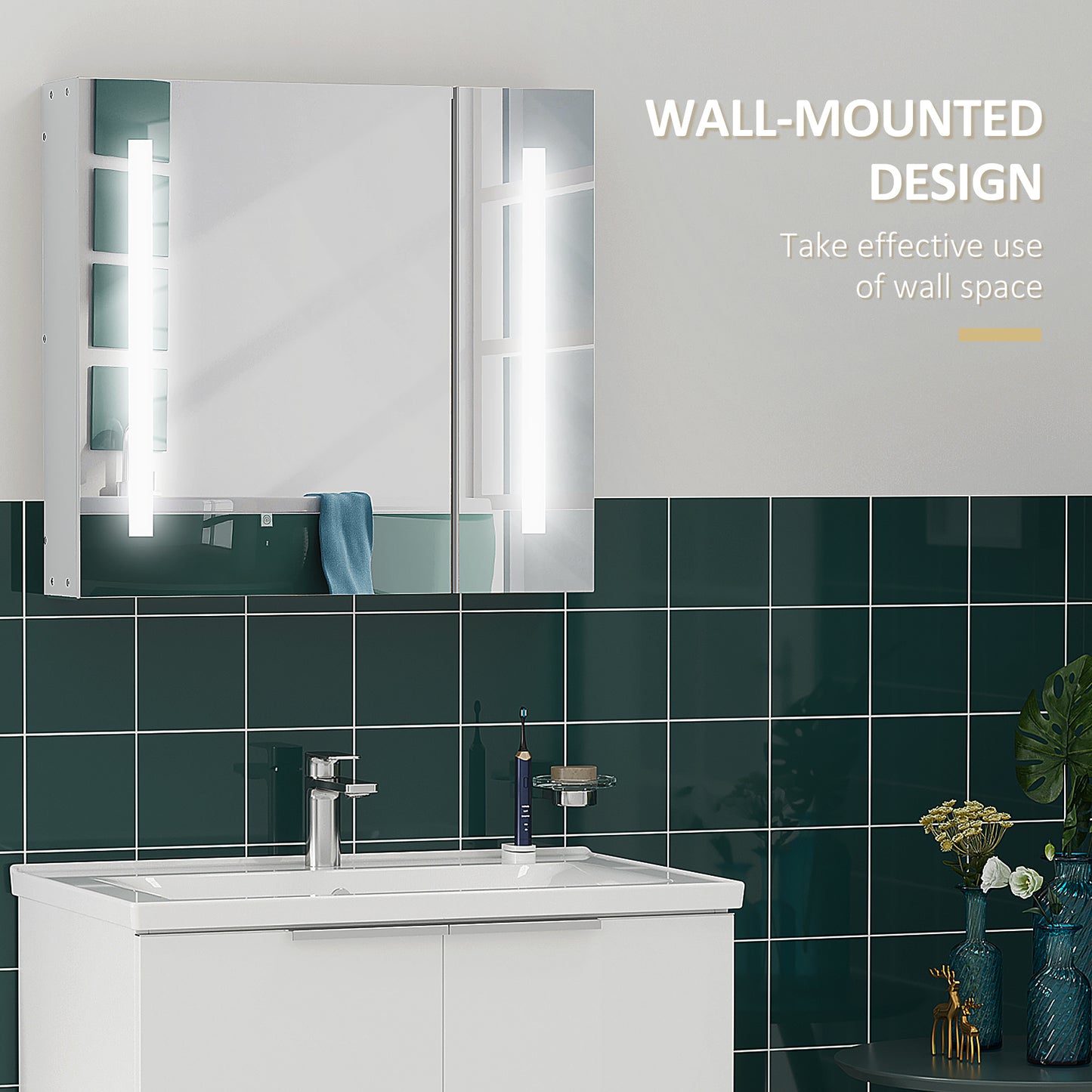 Illuminated Bathroom Mirror Cabinet 650 x 700Hmm LED Bathroom Mirror with Lights Touch Switch, Adjustable Shelf, USB Charge