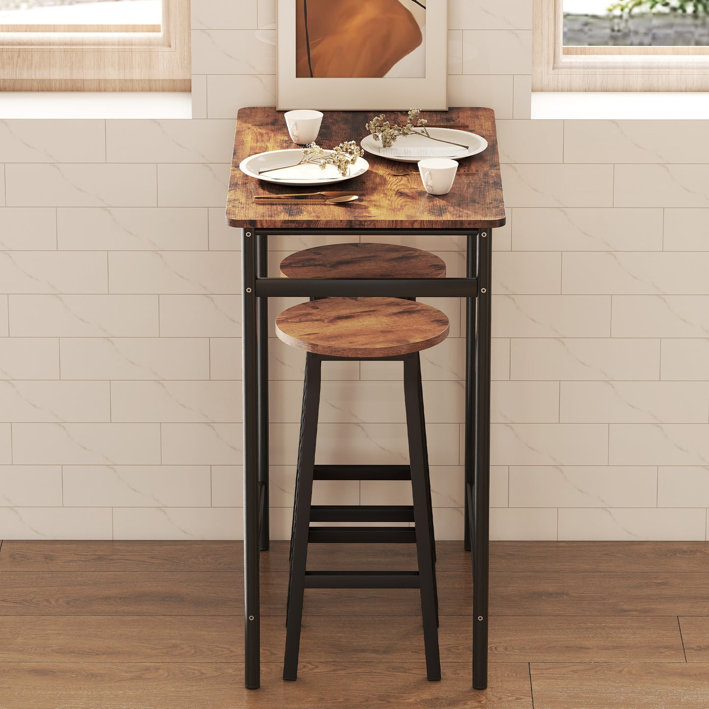 Bar Stools Set of 2 Breakfast Bar Stools with Footrest, Industrial Round, 32 x 32 x 65 cm, Rustic Brown