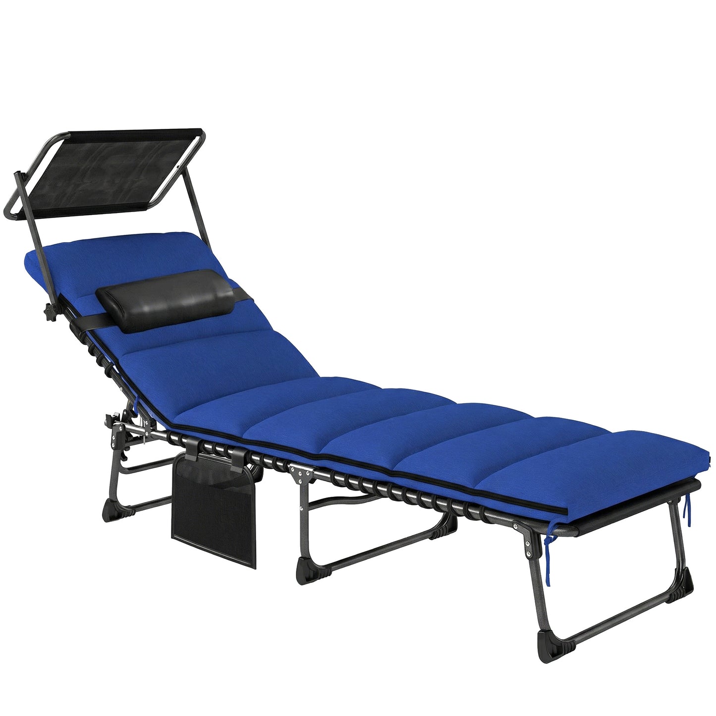 Folding Sun Lounger with Canopy, Reclining Sunbed with Cushion, Side Pocket, Carrying Handle, Dark Blue