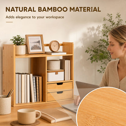 Desk Organiser Compartments Desktop Bookshelf Stationery Storage Shelf Document File Holder with 2 Drawers 2-way Reversed Use