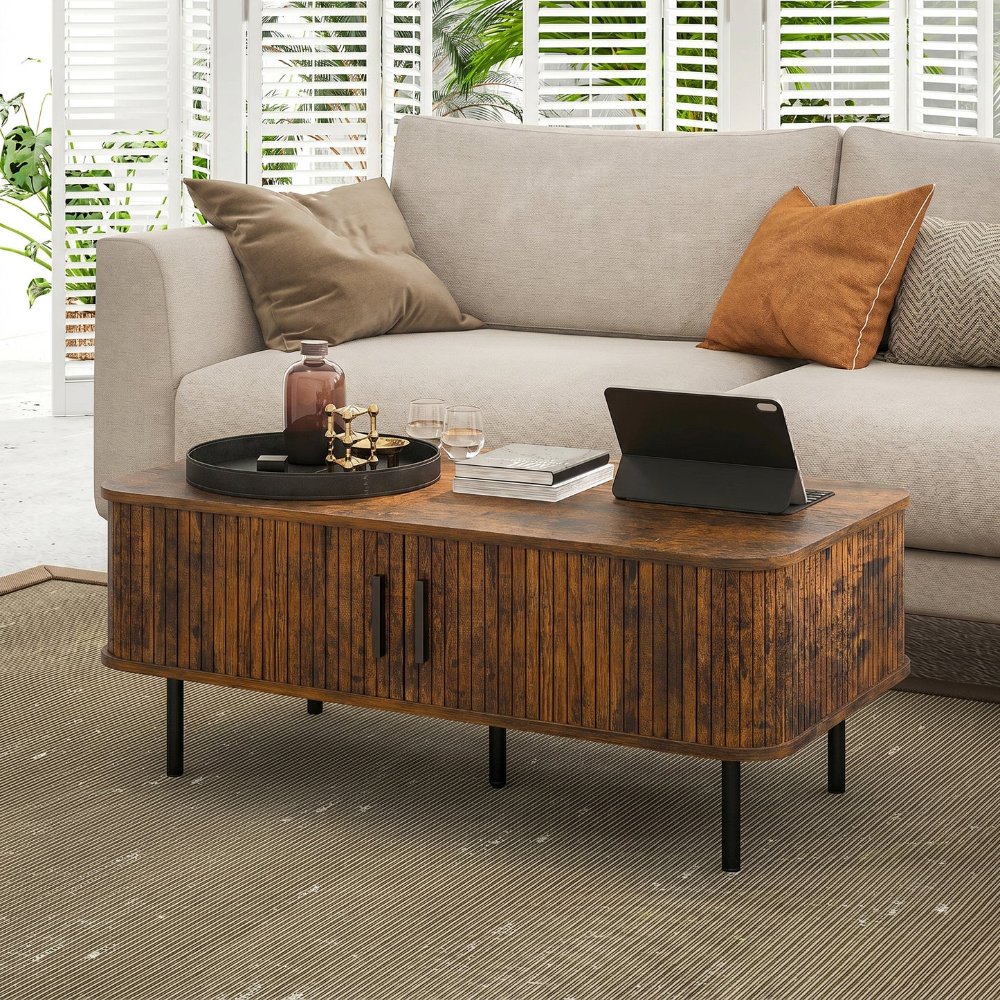 Coffee Table with Storage, Living Room Table with Slatted Tambour Sliding Doors and Adjustable Foot Pads