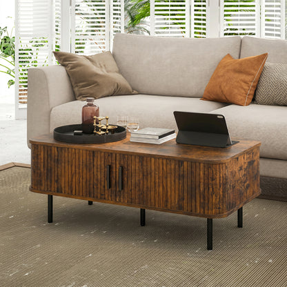 Coffee Table with Storage, Living Room Table with Slatted Tambour Sliding Doors and Adjustable Foot Pads