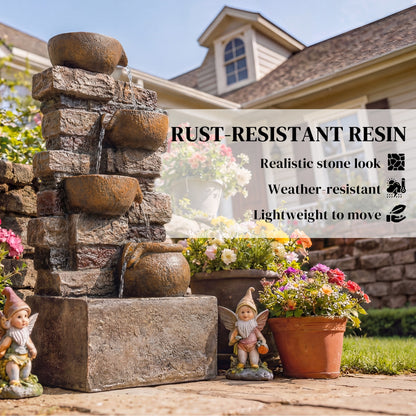 28" 5-Tier Outdoor Fountain, Cascading Waterfall Feature with LED Lights, Adjustable Flow, Rustic Brown