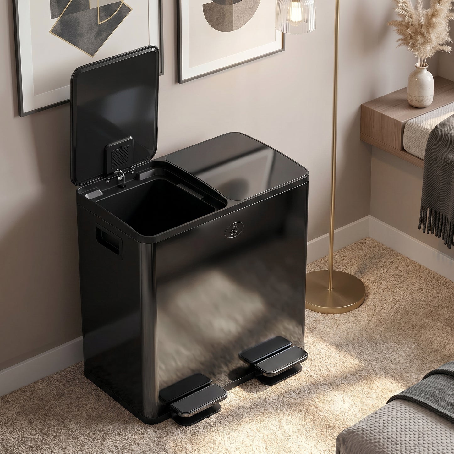 40L Dual Compartment Stainless Steel Bin, with Deodoriser Holders - Black